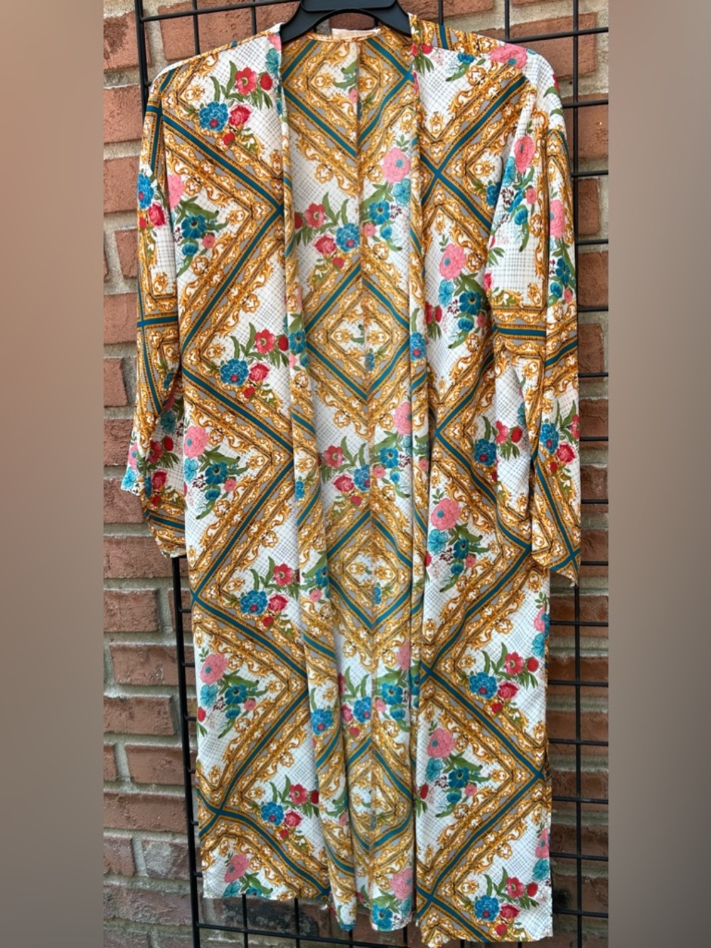 Peach Love California Floral Baroque Print Duster - White, Gold, Teal, Pink